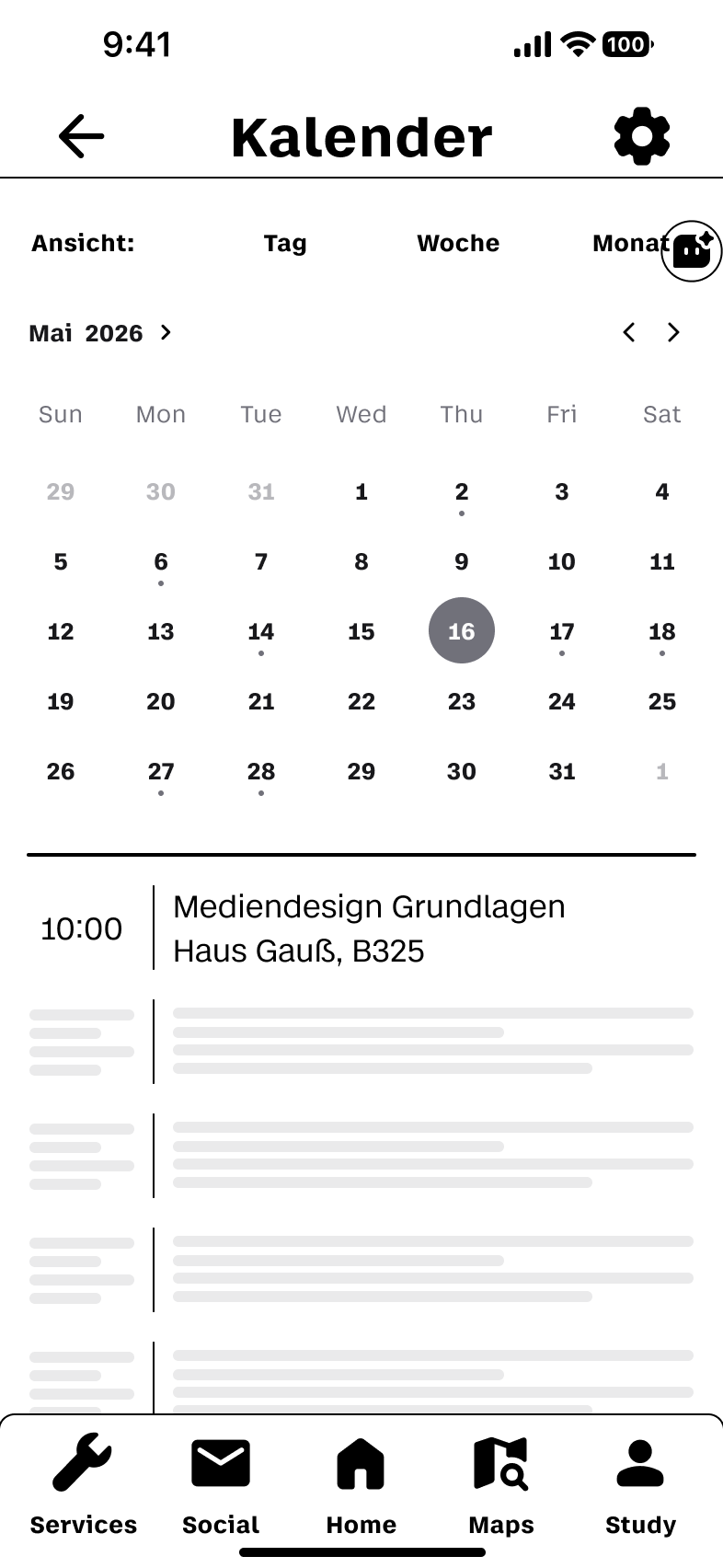 Finaler Kalender-Screen mit Datumschips, Events und BHT-Typografie