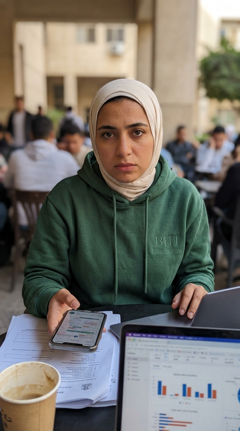 Amira sitzt mit Laptop und Smartphone in einem vollen Campusbereich.