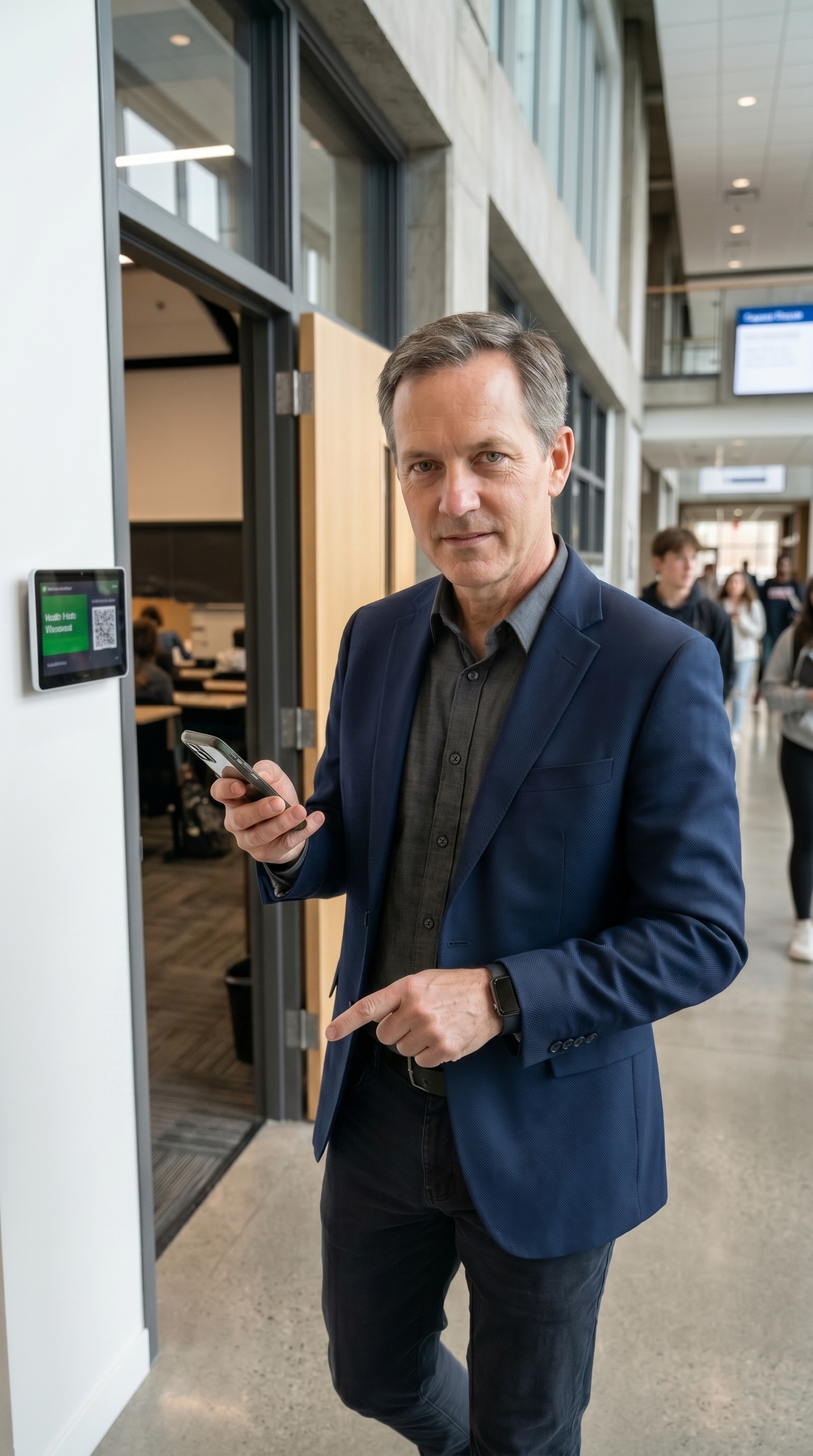 Prof. Thomas steht mit Smartphone vor einem Seminarraum auf dem Campus.