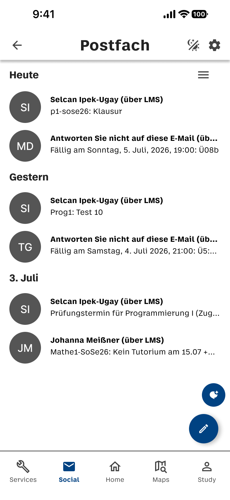 Postfach mit nach Datum gruppierten Nachrichten.