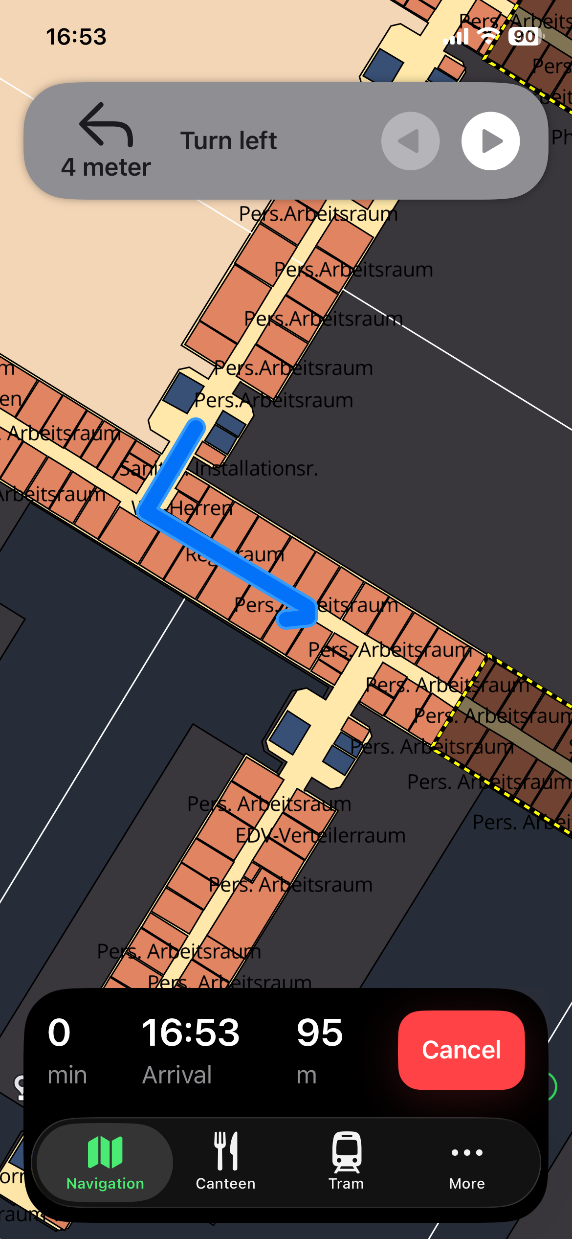Aktive Route durch eine Indoor-Karte